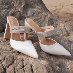 Celines White Satin Rhinestone Pointed-Toe Mule Pumps
